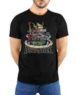 Bowlstock Rock Skeleton Graphic T Shirt Crazy Music Festival Tee - model wearing black tee with hands behind back
