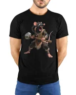 Savage Rat Warrior Graphic T Shirt Funny Tribal Mouse Tee - model wearing black tee with hands behind back