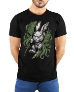 Dark Rabbit Cthulhu Graphic T Shirt Creepy Fantasy Bunny Tee - model wearing black tee with hands behind back