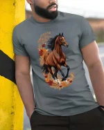 Elegant Running Horse Floral Graphic T Shirt Nature Style Tee - model wearing grey tee, leaning on column