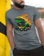 Fire Frog With Chains Graphic T Shirt Cool Burning Amphibian Tee - model wearing grey tee, leaning on column