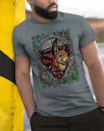 Split Personality Bunny Demon Graphic T Shirt Dark Humor Tee - model wearing grey tee, leaning on column