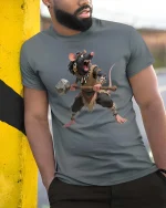 Savage Rat Warrior Graphic T Shirt Funny Tribal Mouse Tee - model wearing grey tee, leaning on column