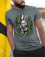 Dark Rabbit Cthulhu Graphic T Shirt Creepy Fantasy Bunny Tee - model wearing grey tee, leaning on column