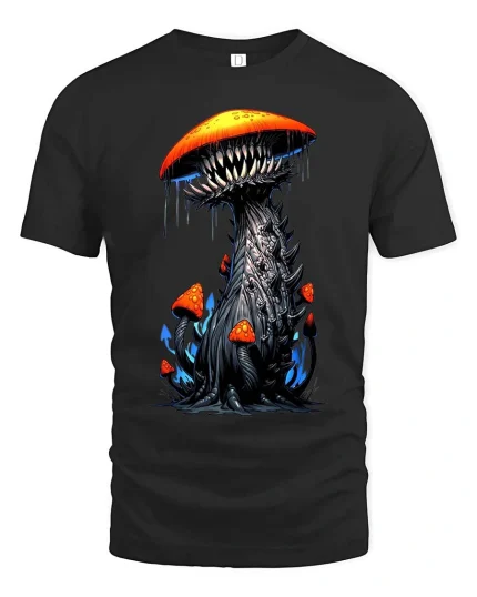 Nightmare Mushroom Monster T Shirt Creepy Fantasy Creature Tee - black t-shirt on white background