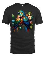 Colorful Parrot Couple T Shirt Tropical Birds Floral Graphic Tee - black t-shirt on white background