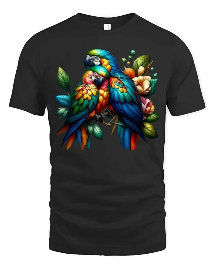Colorful Parrot Couple T Shirt Tropical Birds Floral Graphic Tee - black t-shirt on white background