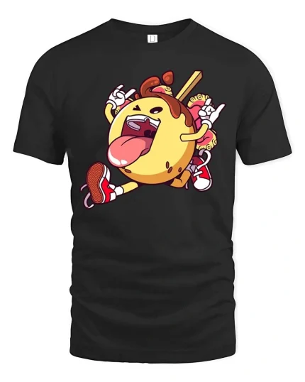 Funny Donut Rock Star T Shirt Cartoon Sweet Food Graphic Tee - black t-shirt on white background