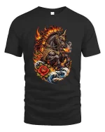 Fire Breathing War Horse T Shirt Mythical Flame Beast Graphic Tee - black t-shirt on white background