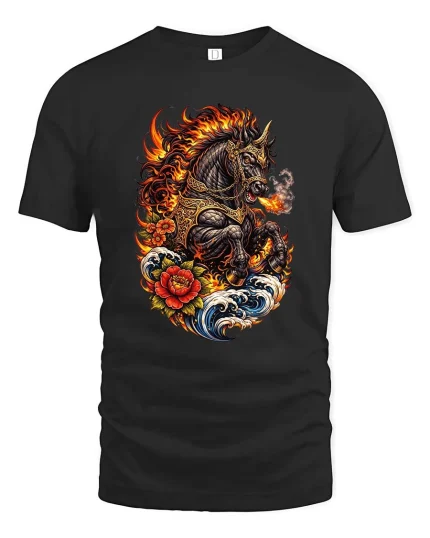 Fire Breathing War Horse T Shirt Mythical Flame Beast Graphic Tee - black t-shirt on white background