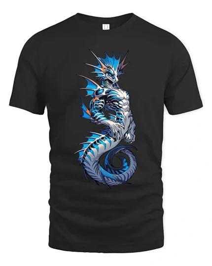 Blue Sea Dragon T Shirt Mythical Ocean Creature Fantasy Graphic Tee - black t-shirt on white background