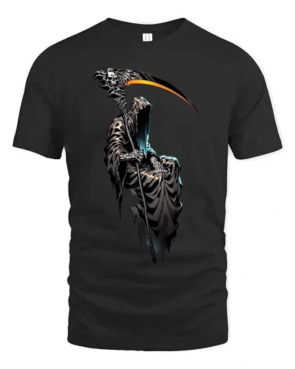 Grim Reaper Scythe Glow T Shirt Dark Gothic Death Art Tee - black t-shirt on white background