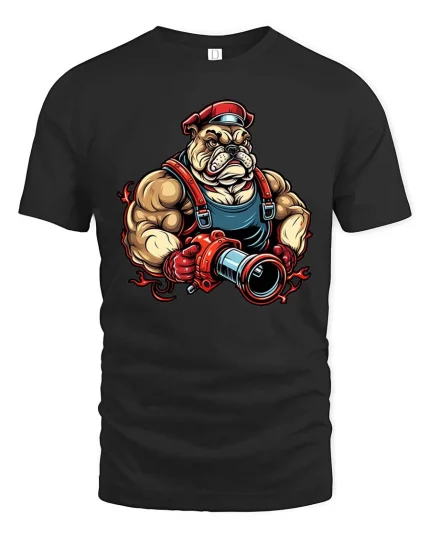 Tough Bulldog Firefighter T Shirt Muscular Rescue Hero Graphic Tee - black t-shirt on white background