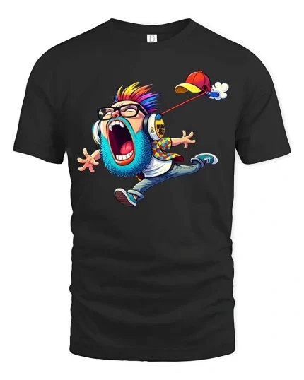 Funny Screaming Cartoon Kid T Shirt Loud Music Lover Graphic Tee - black t-shirt on white background