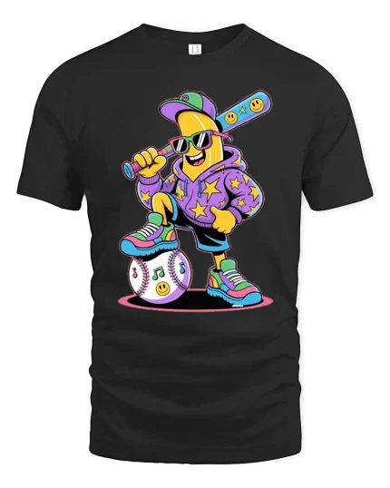 Cool Banana Baseball Player T Shirt Funny Cartoon Sports Tee - black t-shirt on white background