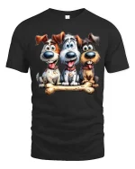 Funny Cute Dogs With Bone T Shirt Cartoon Puppy Friends Tee - black t-shirt on white background