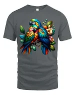 Colorful Parrot Couple T Shirt Tropical Birds Floral Graphic Tee - gray t-shirt on white background