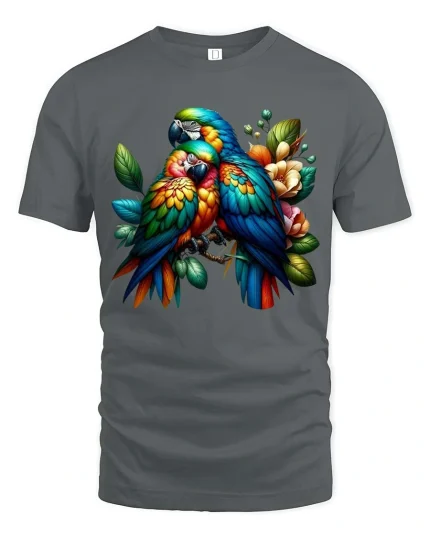 Colorful Parrot Couple T Shirt Tropical Birds Floral Graphic Tee - gray t-shirt on white background