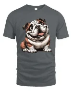Happy Smiling Bulldog Graphic Tee Cute Funny Dog Lover Tshirt - gray t-shirt on white background