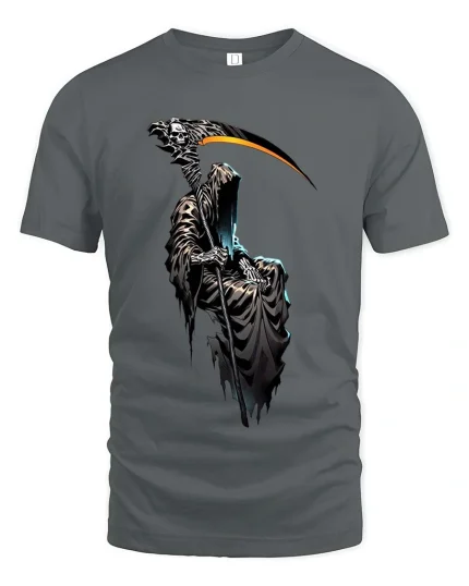 Grim Reaper Scythe Glow T Shirt Dark Gothic Death Art Tee - gray t-shirt on white background