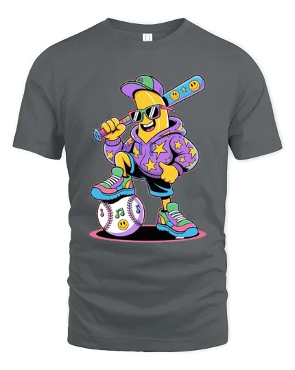 Cool Banana Baseball Player T Shirt Funny Cartoon Sports Tee - gray t-shirt on white background