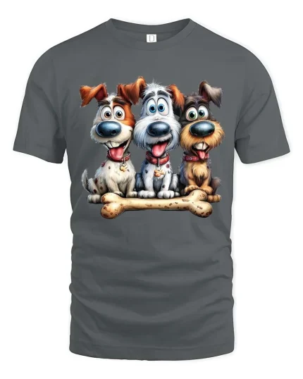 Funny Cute Dogs With Bone T Shirt Cartoon Puppy Friends Tee - gray t-shirt on white background