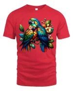 Colorful Parrot Couple T Shirt Tropical Birds Floral Graphic Tee - red t-shirt on white background