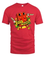 Funny Cartoon Brick Character T Shirt Retro Style Graphic Tee - red t-shirt on white background