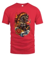 Fire Breathing War Horse T Shirt Mythical Flame Beast Graphic Tee - red t-shirt on white background