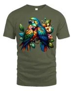 Colorful Parrot Couple T Shirt Tropical Birds Floral Graphic Tee - military green t-shirt on white background