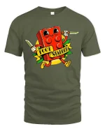 Funny Cartoon Brick Character T Shirt Retro Style Graphic Tee - military green t-shirt on white background