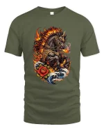 Fire Breathing War Horse T Shirt Mythical Flame Beast Graphic Tee - military green t-shirt on white background