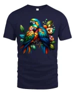 Colorful Parrot Couple T Shirt Tropical Birds Floral Graphic Tee - navy t-shirt on white background
