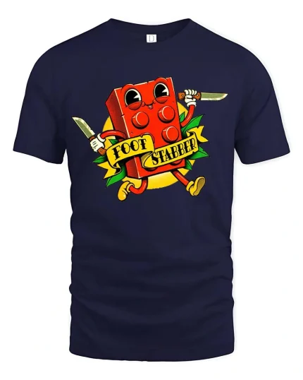 Funny Cartoon Brick Character T Shirt Retro Style Graphic Tee - navy t-shirt on white background