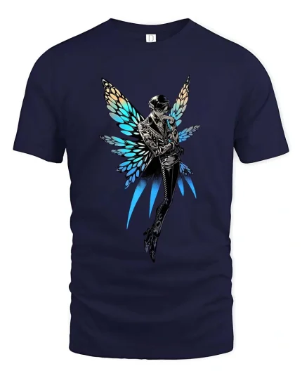 Stylish Fairy With Butterfly Wings T Shirt Dark Fantasy Graphic Tee - navy t-shirt on white background