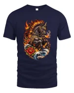 Fire Breathing War Horse T Shirt Mythical Flame Beast Graphic Tee - navy t-shirt on white background