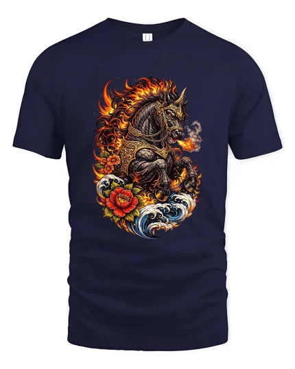 Fire Breathing War Horse T Shirt Mythical Flame Beast Graphic Tee - navy t-shirt on white background