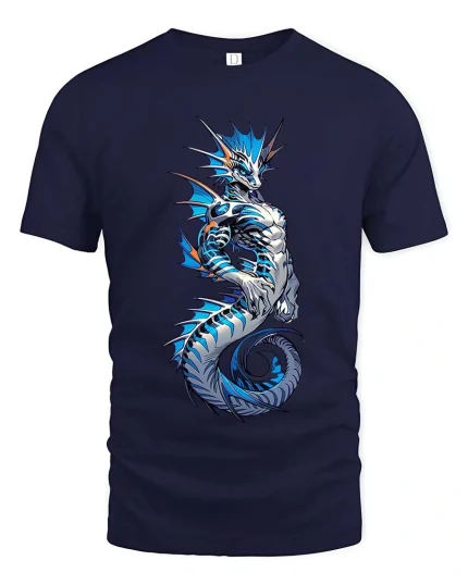 Blue Sea Dragon T Shirt Mythical Ocean Creature Fantasy Graphic Tee - navy t-shirt on white background