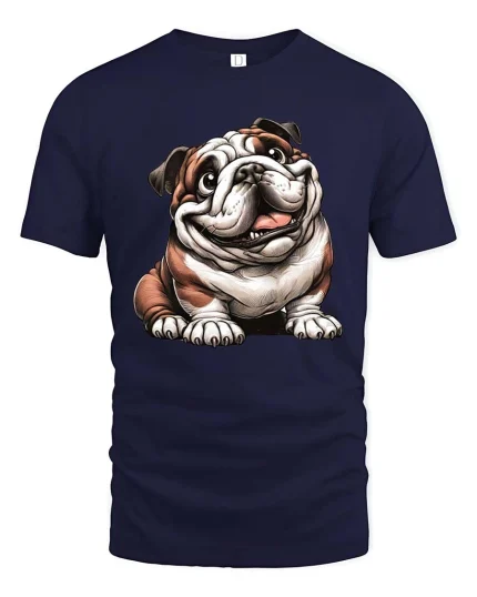 Happy Smiling Bulldog Graphic Tee Cute Funny Dog Lover Tshirt - navy t-shirt on white background
