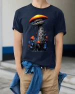 Nightmare Mushroom Monster T Shirt Creepy Fantasy Creature Tee - model wearing navy tee with hands in pockets