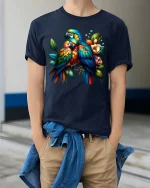Colorful Parrot Couple T Shirt Tropical Birds Floral Graphic Tee - model wearing navy tee with hands in pockets