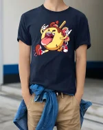 Funny Donut Rock Star T Shirt Cartoon Sweet Food Graphic Tee - model wearing navy tee with hands in pockets