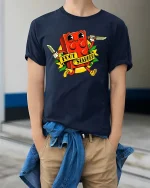 Funny Cartoon Brick Character T Shirt Retro Style Graphic Tee - model wearing navy tee with hands in pockets