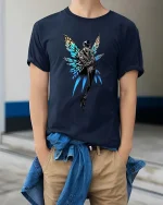 Stylish Fairy With Butterfly Wings T Shirt Dark Fantasy Graphic Tee - model wearing navy tee with hands in pockets