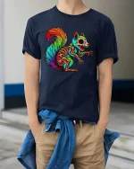Neon Zombie Squirrel T Shirt Psychedelic Horror Animal Graphic Tee - model wearing navy tee with hands in pockets