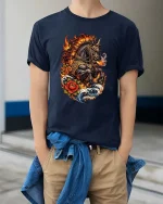 Fire Breathing War Horse T Shirt Mythical Flame Beast Graphic Tee - model wearing navy tee with hands in pockets