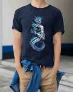 Blue Sea Dragon T Shirt Mythical Ocean Creature Fantasy Graphic Tee - model wearing navy tee with hands in pockets