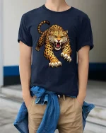 Majestic Mountain Nature T Shirt Scenic Landscape Graphic Tee - model wearing navy tee with hands in pockets