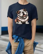 Happy Smiling Bulldog Graphic Tee Cute Funny Dog Lover Tshirt - model wearing navy tee with hands in pockets