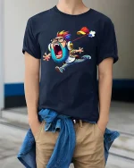 Funny Screaming Cartoon Kid T Shirt Loud Music Lover Graphic Tee - model wearing navy tee with hands in pockets